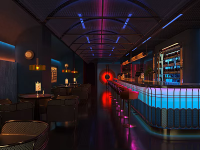 Modern Bar Interior With Neon Lights Bar Counter High Stools And Seating Area 3d model