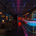 Modern Bar Interior With Neon Lights Bar Counter High Stools And Seating Area