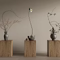 Decorative Vases With Flowers And Branches On Wooden Pedestals Neutral Background