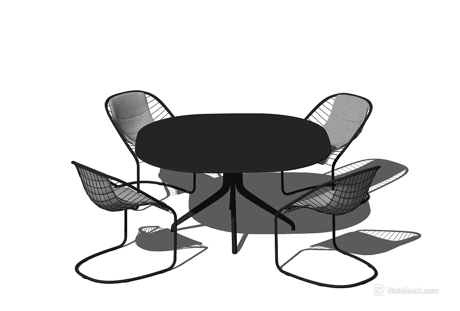 Stylish Modern Round Black Table with Four Mesh Chairs Dining Set Design 3d model