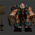 Muscular Man In Blue And Brown Outfit With Armor And Large Hammer Beside Him