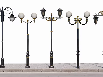 Various Designs of Outdoor Street Lamps with Black Poles Spherical Shades and Gold Accents 3d model