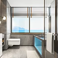 Modern Luxury Hotel Bathroom Interior With Glass Shower Marble Countertop And Scenic Window View