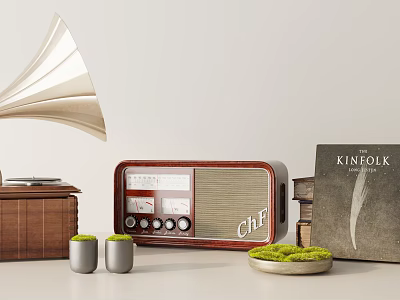Vintage Decorative Ornament Set With Gramophone Radio Books And Moss Decoration 3d model