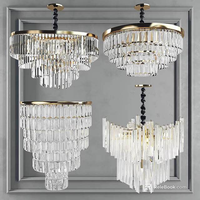 Elegant Modern Crystal Chandeliers With Gold Frame And Hanging Crystal Pendants 3d model 
