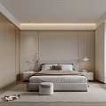 Warm Modern Minimalist Bedroom With Light Gray Bed Beige Bedding Circular Light Cabinet And Round Rug