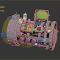 Futuristic Mechanical Device With Gray Body Green Screen Yellow Control Panel Red Wires And Wheels