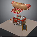Red Hot Dog Shaped Canopy Cart With Striped Awning Chalkboard Sign And Stool