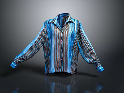 Stylish Blue And Brown Striped Long Sleeved Collared Silk Shirt For Daily Use 3d model