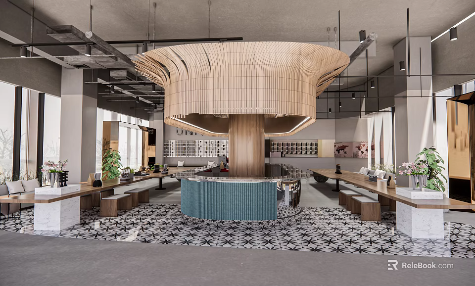 Modern Cafe Interior With Curved Wooden Ceiling Structure Teal Counter And Patterned Tiles 3d model 