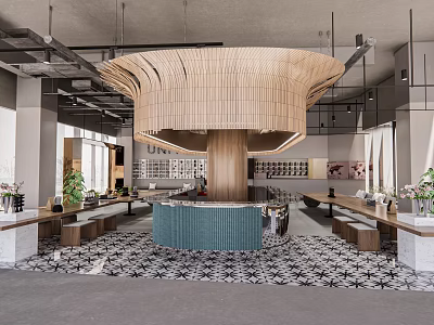 Modern Cafe Interior With Curved Wooden Ceiling Structure Teal Counter And Patterned Tiles 3d model