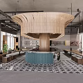 Modern Cafe Interior With Curved Wooden Ceiling Structure Teal Counter And Patterned Tiles