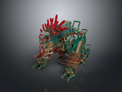 Intricate Mechanical Equipment Featuring Green Red Components And Mechanical Limb Structure 3d model