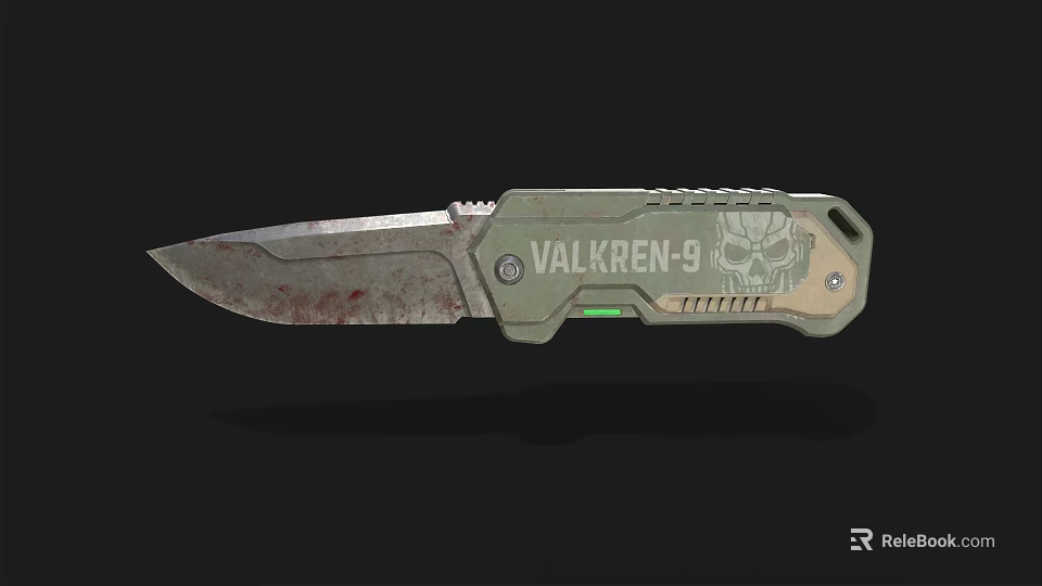 Valkren 9 Tactical Knife With Worn Blade Skull Logo And Green Handle 3d model 