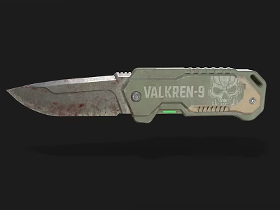 Valkren 9 Tactical Knife With Worn Blade Skull Logo And Green Handle 3d model