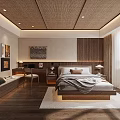Serene Hotel Guest Room Interior With Wooden Woven Ceiling Minimalist Bed And Natural Light