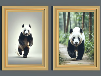 Framed Panda Pictures With Running Pandas On White Background And Bamboo Forest 3d model