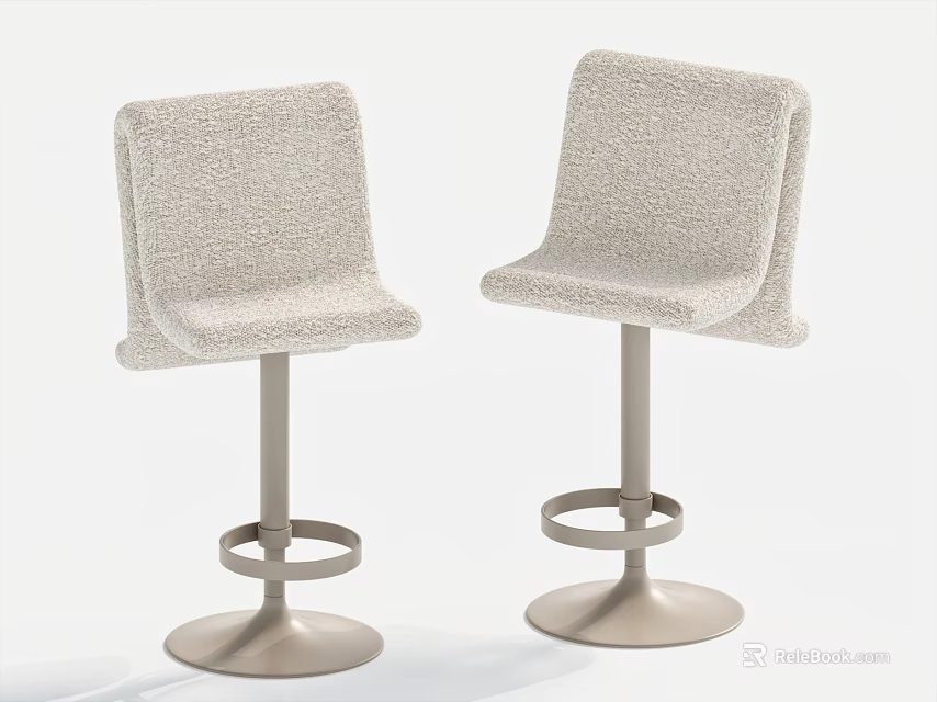 Two Modern Light Gray Upholstered Bar Stools With Metal Base And Ring Footrest 3d model 
