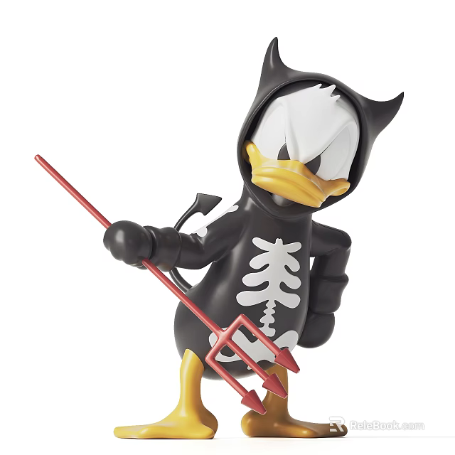 Cute Cartoon Character Decorative Figurine with Devil Horns Skeleton Design and Red Trident Prop 3d model 