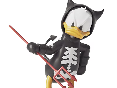 Cute Cartoon Character Decorative Figurine with Devil Horns Skeleton Design and Red Trident Prop 3d model