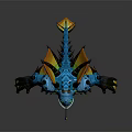 Blue Game Movie Character With Glowing Eyes Horns Orange Fins Green Patterns And Sharp Claws