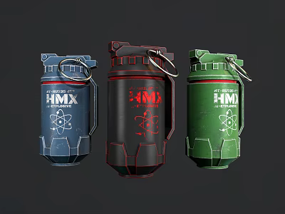 Military Grenades in Blue Black Green with HMX Label and Atomic Symbol 3d model