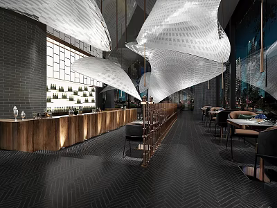 Modern Bar Interior Design With Unique Ceiling Decor Wooden Counter And Seating 3d model