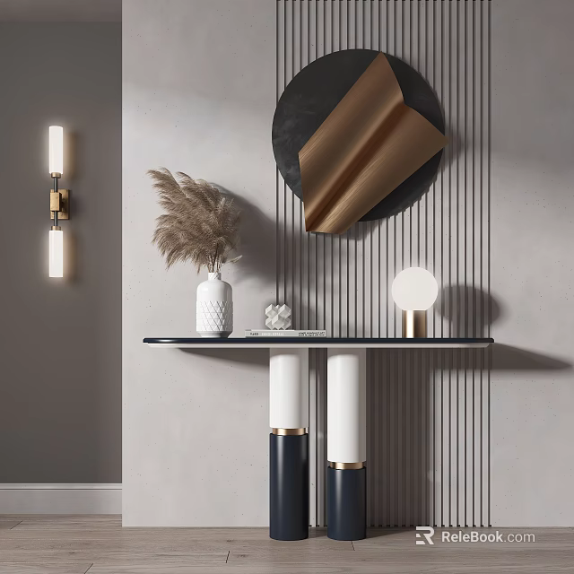 Modern Console Table with Pampas Grass Vase Round Mirror and Wall Lamp 3d model 