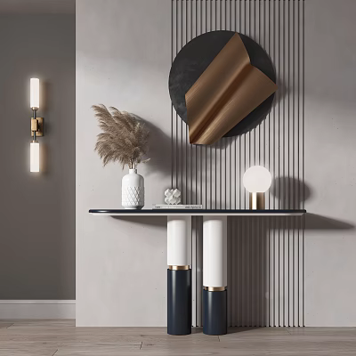 Modern Console Table with Pampas Grass Vase Round Mirror and Wall Lamp 3d model