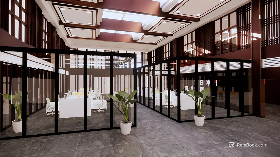 Public Office Space Modern Interior Design With Glass Partitions Work Desks And Potted Plants 3d model 