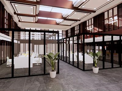 Public Office Space Modern Interior Design With Glass Partitions Work Desks And Potted Plants 3d model