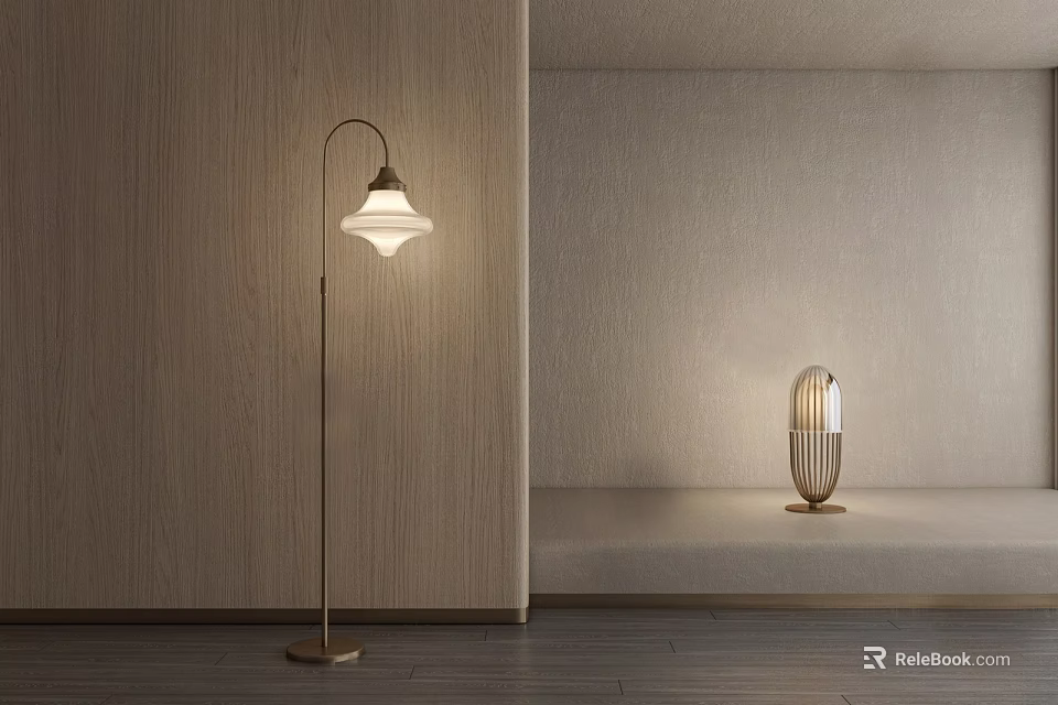 Modern Floor Lamp With Curved Metal Stand And Warm Glow In Minimalist Interior 3d model 