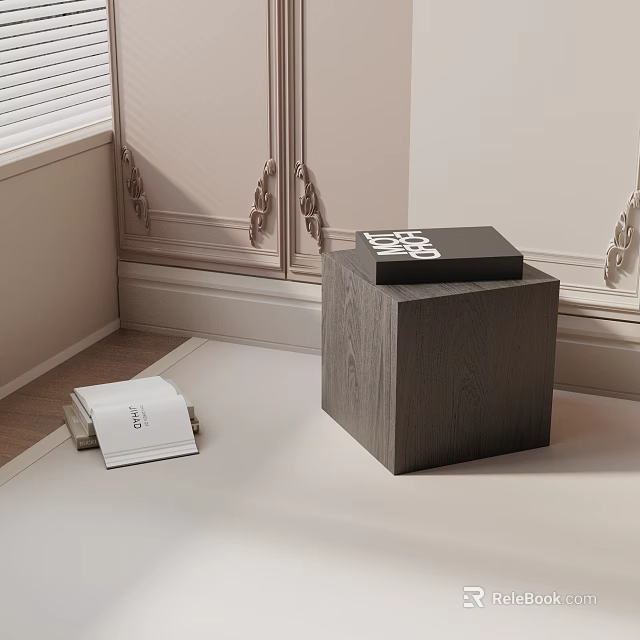 Gray Wooden Stool With Black Books On Top And White Books In Light Colored Room 3d model 