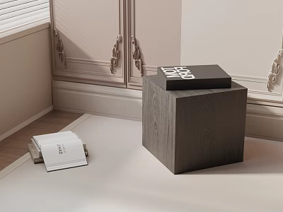 Gray Wooden Stool With Black Books On Top And White Books In Light Colored Room 3d model