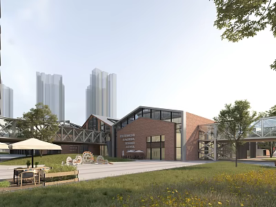 Modern Commercial Street With Red Brick Architecture High Rise Backdrop Outdoor Seating Lawn And Trees 3d model