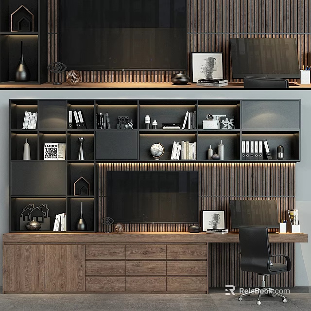 Modern TV Wall Design With Wooden Panels Built in Bookshelves and Decor Items 3d model 