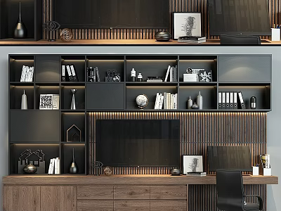 Modern TV Wall Design With Wooden Panels Built in Bookshelves and Decor Items 3d model