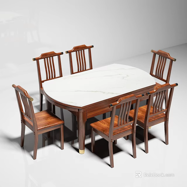 Classic Wooden Dining Table Set With White Marble Top And Six Chairs 3d model