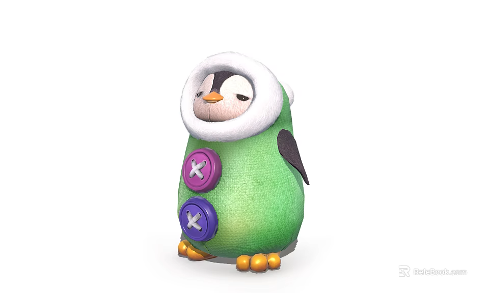 Cute Aquatic Penguin With Green Body White Fluffy Hat Colored Buttons And Yellow Feet 3d model 