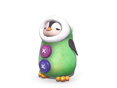 Cute Aquatic Penguin With Green Body White Fluffy Hat Colored Buttons And Yellow Feet 3d model