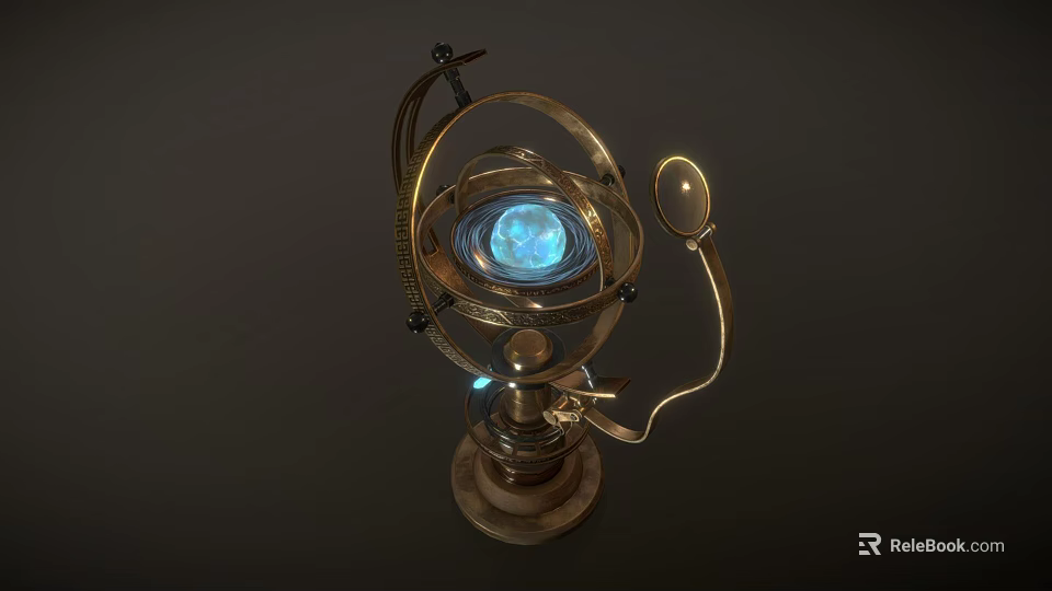 Vintage Astronomical Device Featuring Brass Frame Blue Glowing Orb And Mechanical Base 3d model 