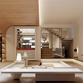 Basement Modern Interior Design With Wooden Ceiling Built In Bookshelves Comfortable Sofa And Potted Plant