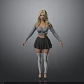 Blonde Woman Wearing Gray Long Sleeve Top Black Skirt White Thigh High Socks Black Heels