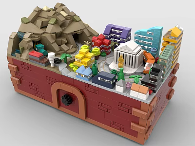 Building Blocks Red Brick Mini City Scene With Colorful Buildings Green Trees And Castle Entrance 3d model