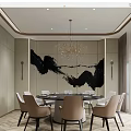 Modern Private Dining Room Interior With Beige Walls Black Ink Painting Chandelier And Beige Chairs