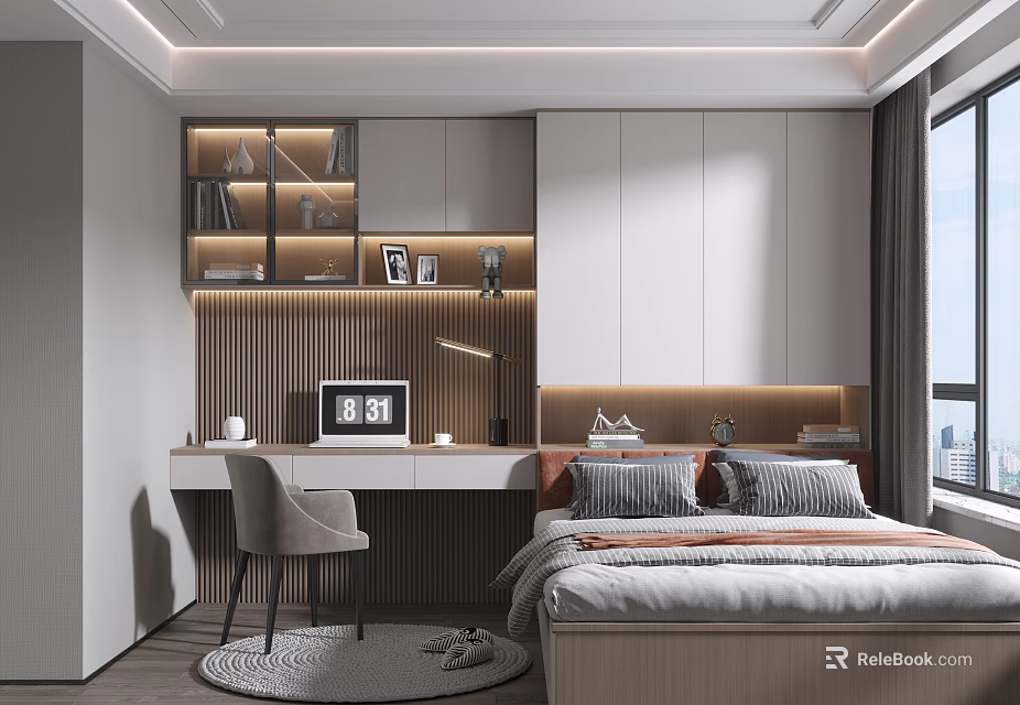 Modern Tatami Bedroom Interior Design With Desk Chair Bookshelf And Ambient Lighting 3d model 