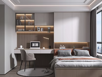 Modern Tatami Bedroom Interior Design With Desk Chair Bookshelf And Ambient Lighting 3d model
