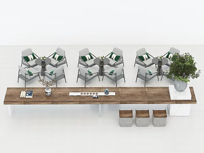 Wooden Tea Table and Chairs with Green Plant and Tea Set on Top 3d model