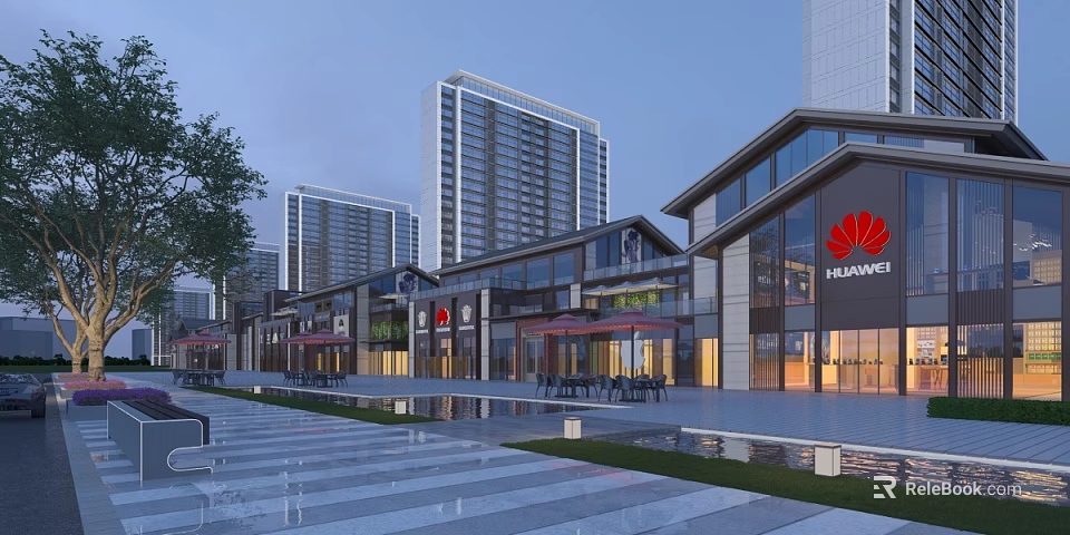 Modern Commercial Street With High Rise Buildings Shops Huawei Store Outdoor Seating And Spacious Plaza 3d model 
