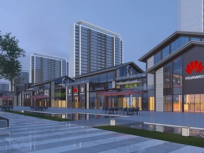 Modern Commercial Street With High Rise Buildings Shops Huawei Store Outdoor Seating And Spacious Plaza 3d model